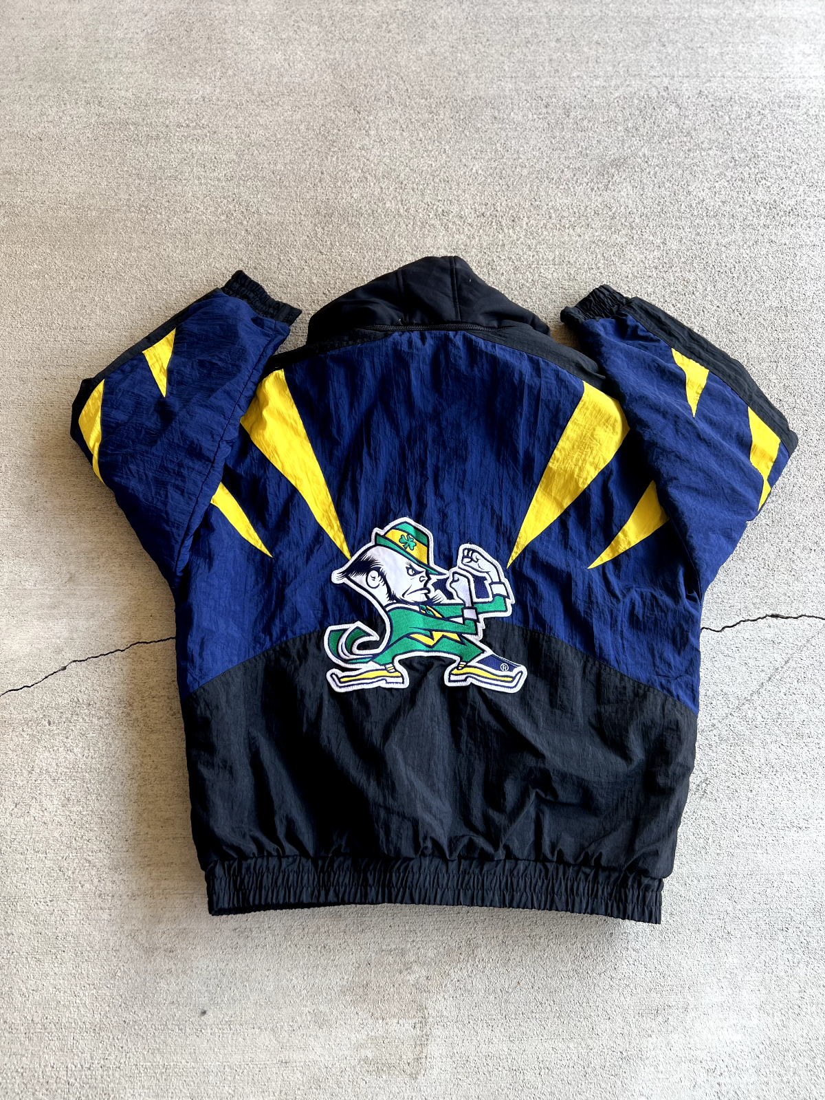 Vintage 90's Apex One Notre Dame Hooded Bomber Jacket.