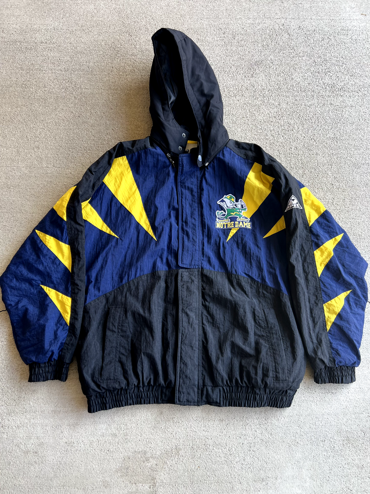 Vintage 90's Apex One Notre Dame Hooded Bomber Jacket.