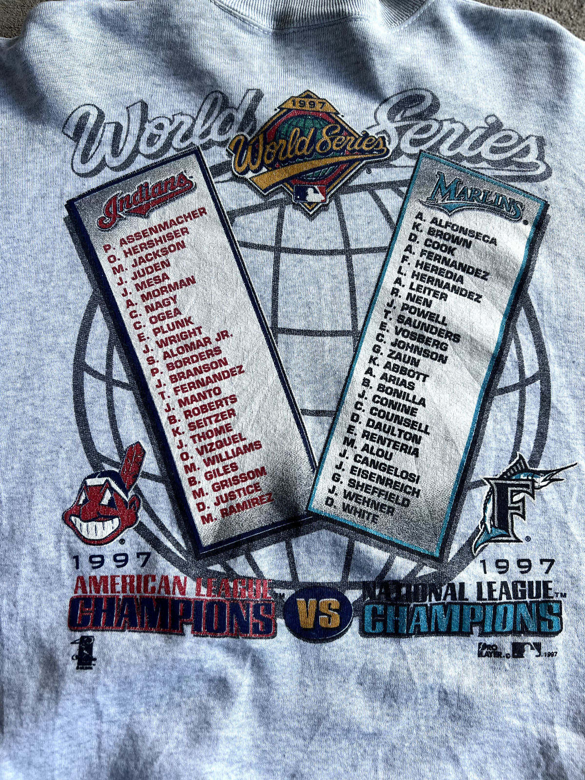 Vintage 90's Pro Player 97 Indians vs Marlins World Series Crewneck Sweatshirt