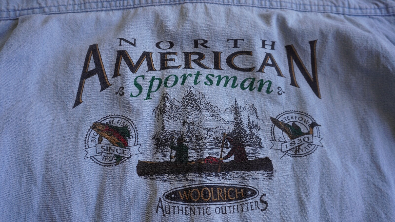 Vintage 90's Woolrich "North American Sportsman" Graphic Denim Button Down Shirt