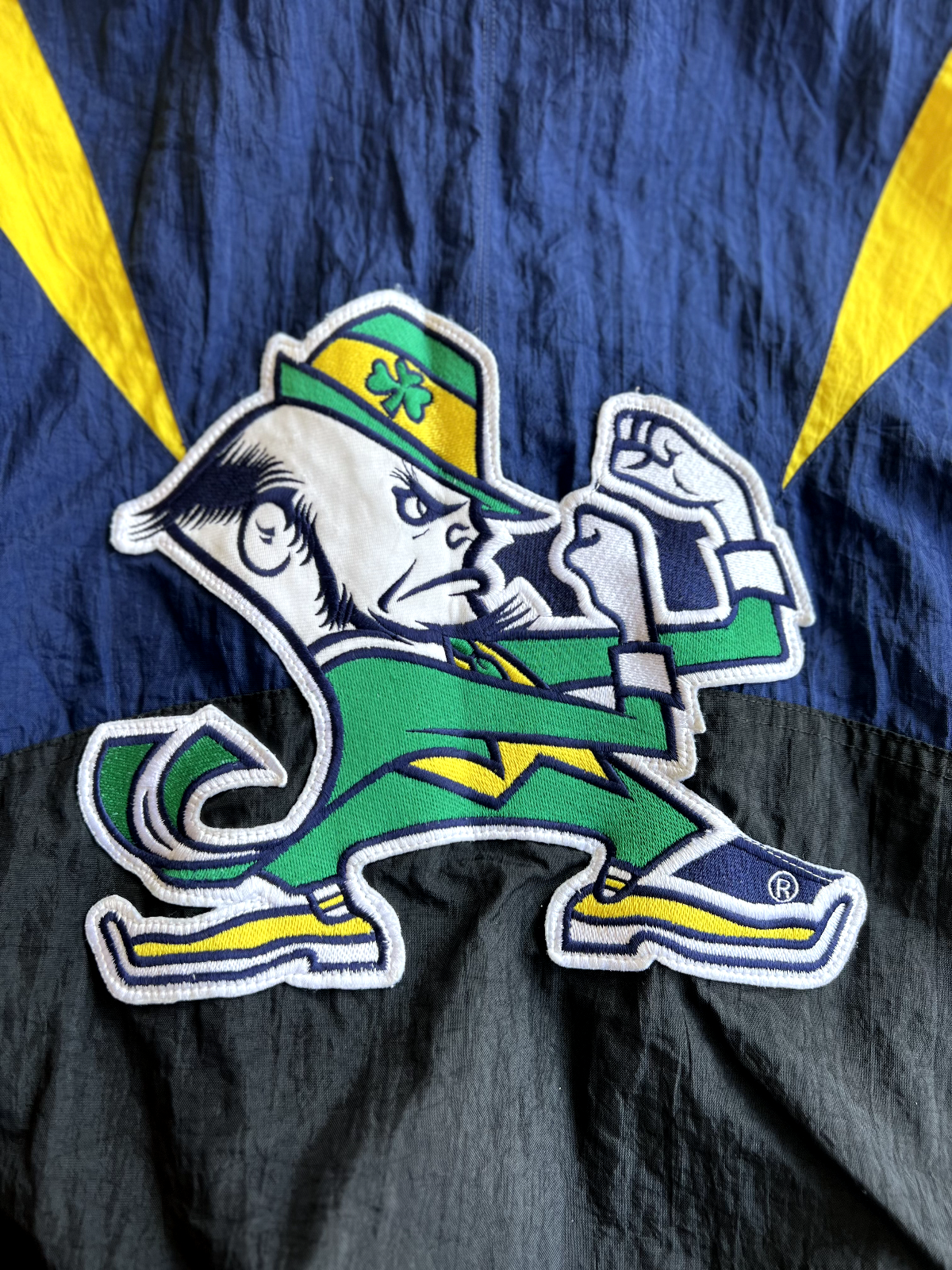 Vintage 90's Apex One Notre Dame Hooded Bomber Jacket.