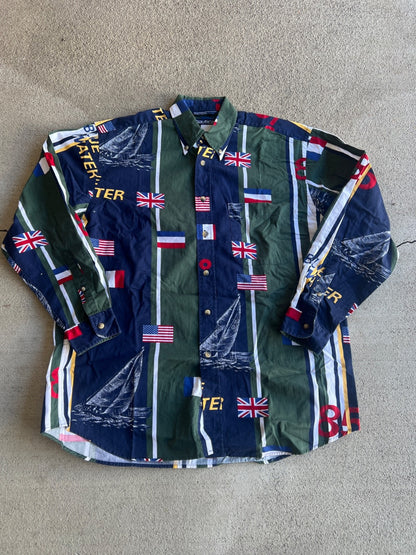 Vintage 90's Nautica Blue Water Challenge "Flags" Button-Down Shirt