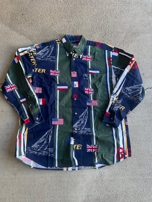 Vintage 90's Nautica Blue Water Challenge "Flags" Button-Down Shirt